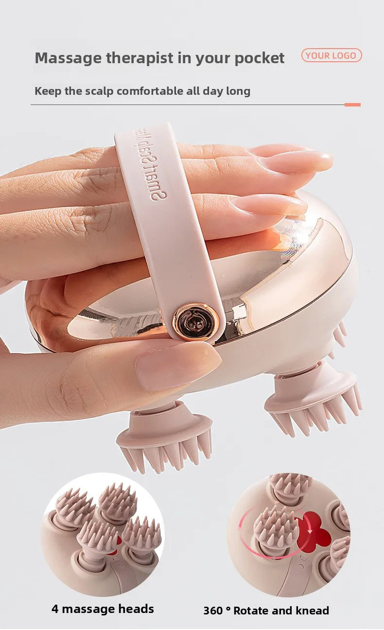 A person holds a pink electric handheld scalp massager with four massage heads, demonstrating its use for comfort.