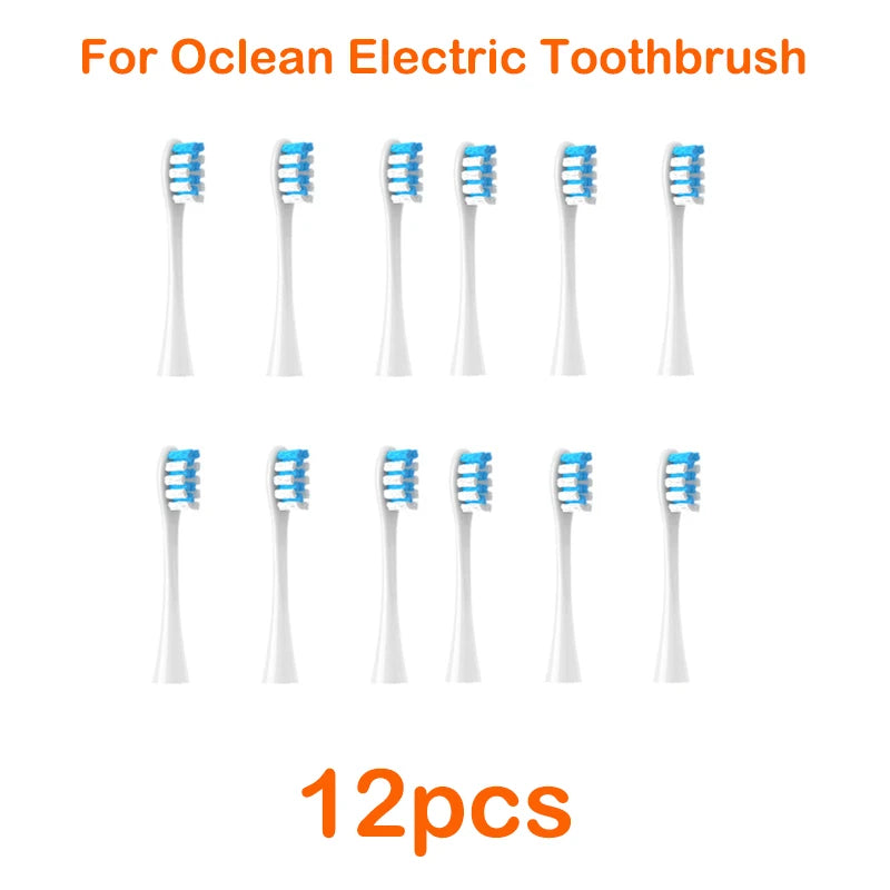 Twelve replacement brush heads for an Ocean electric toothbrush, shown lined up.