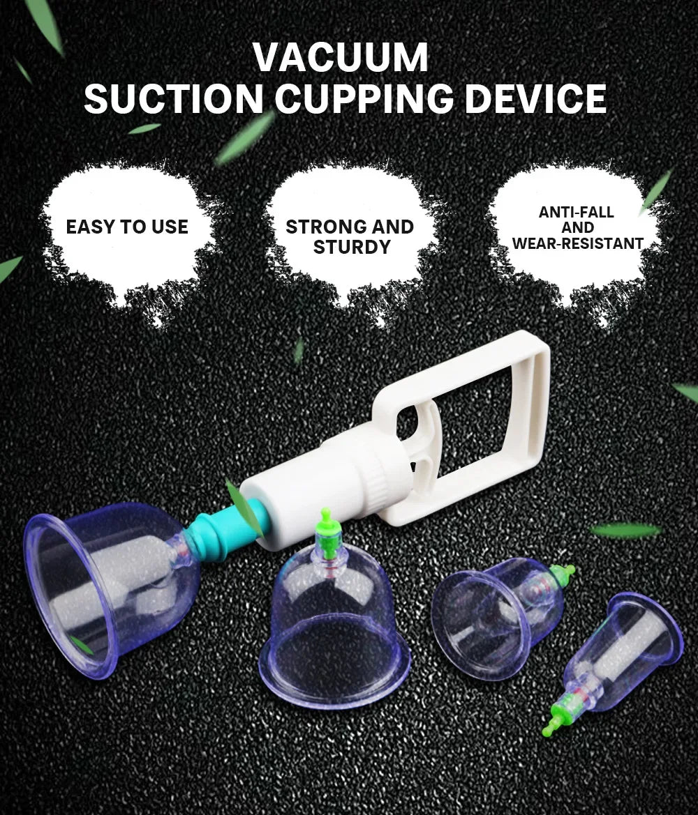 Ensemble d'un dispositif de succion par cuping, montrant diverses pièces : tube principal, tasses et poignée.
