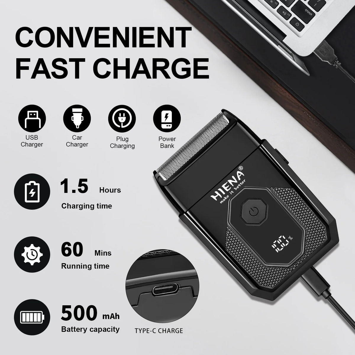 بنك طاقة محمول أسود مع منافذ شحن USB ومقبس، مصحوب بنص يوضح سرعة الشحن وسعة البطارية