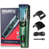 A green Soulfia vacuum trimmer beard trimmer is shown with various attachments and packaging.