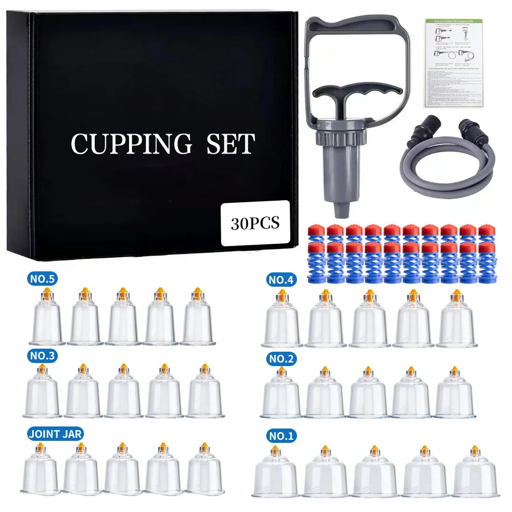 A black box containing a set of 10 silicone cupping tools numbered No.5 through No.1, used for massage and relaxation.