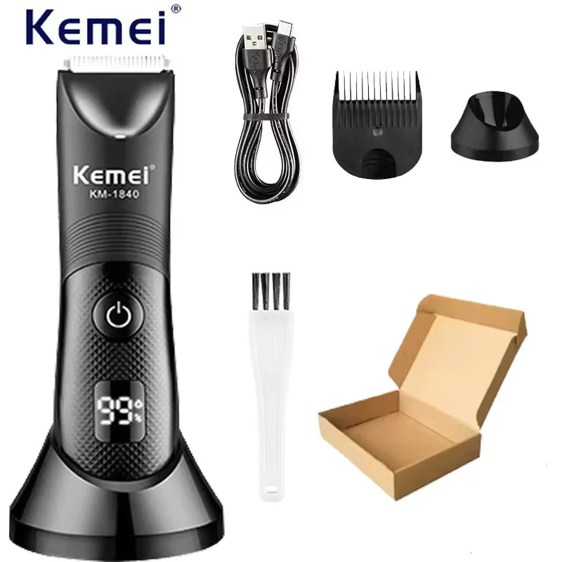 A black Kemei body hair trimmer with a detachable guard and accessories shown next to its packaging box.