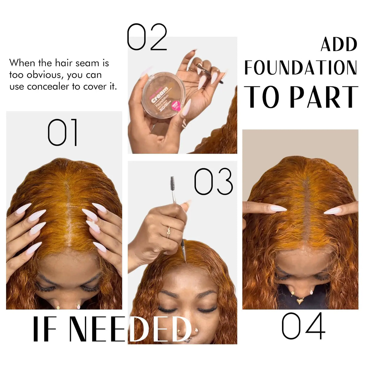 Tutoriel en quatre étapes pour utiliser un correcteur pour couvrir les coutures de cheveux sur une perruque pour la coiffure.