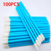 A set of 100 precision makeup brushes with blue handles and white bristles arranged diagonally.