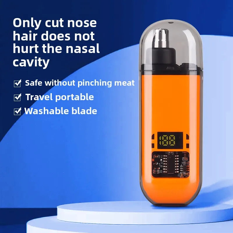 An orange professional USB nose hair trimmer is shown on a white stand with text highlighting its safety and portability feat