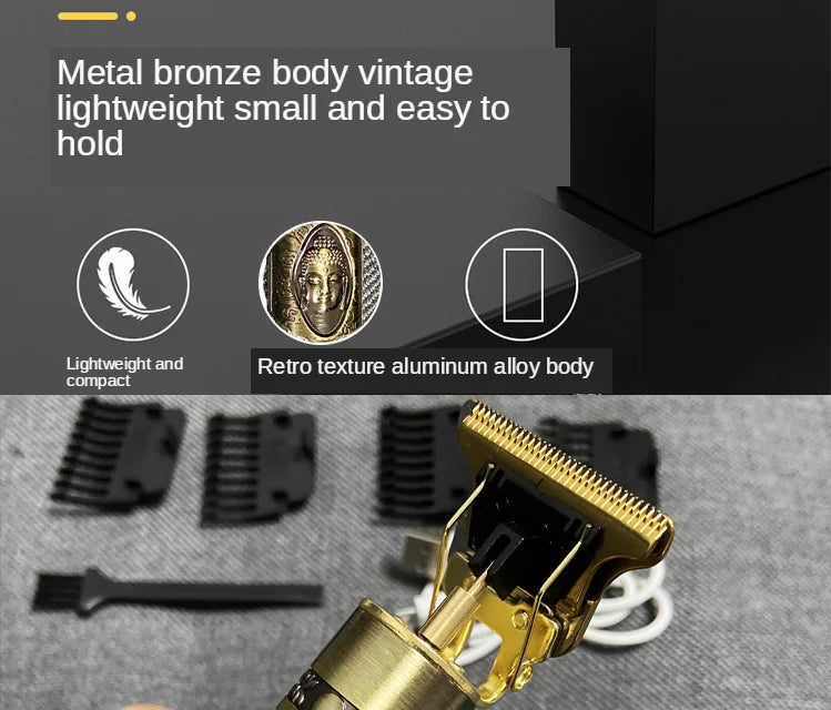 A close-up view of a gold metal bronze vintage lightweight hair trimmer attachment.