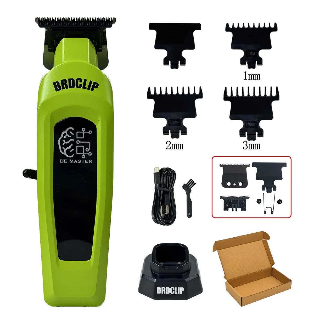 A green electric hair clipper with various attachments and a box.