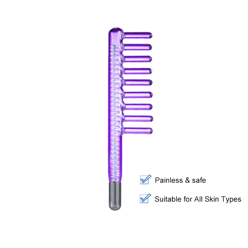 A purple high frequency facial electrotherapy wand with multiple prongs.