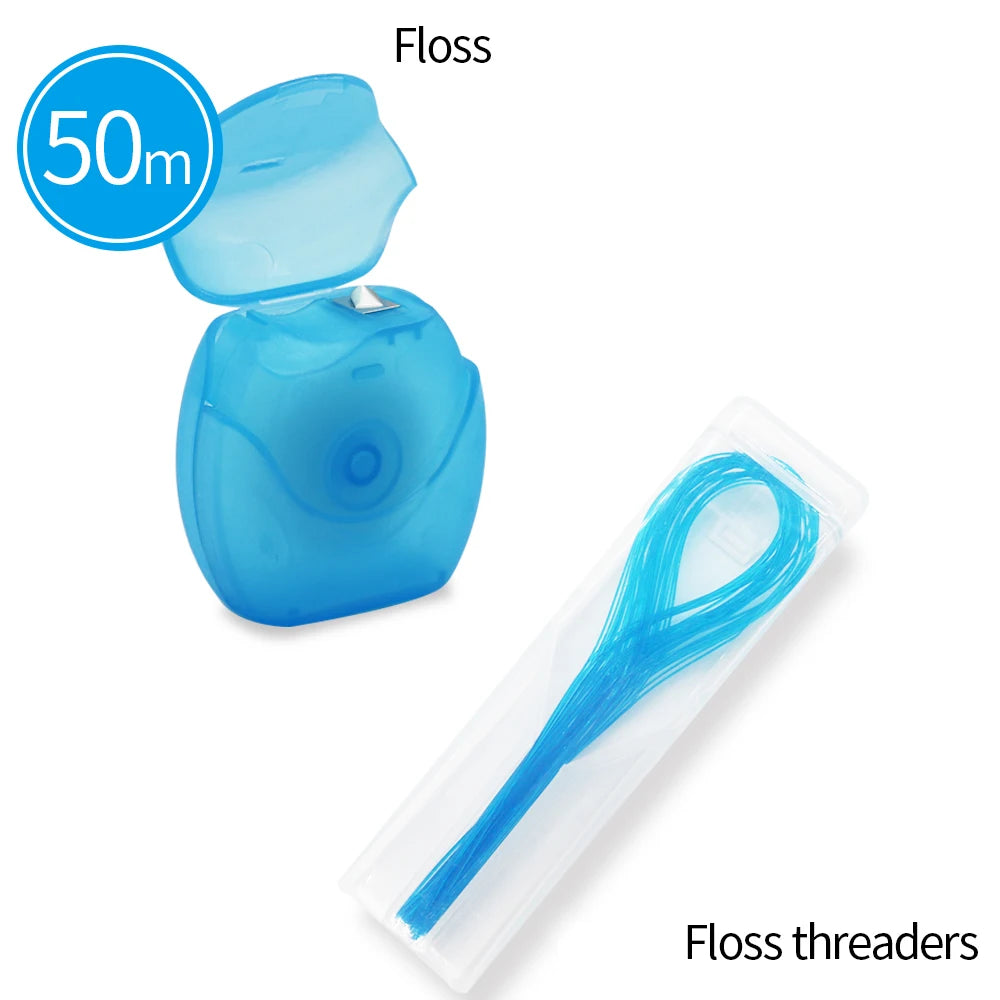 A clear plastic container of floss threaders with a 50m length is shown next to the product.