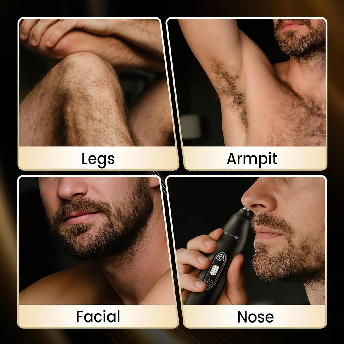A collage showing a 3-in-1 electric body hair trimmer used on legs, armpits, facial hair, and nose.