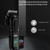 A black cordless hair trimmer with a digital display showing remaining power and oil reminders.