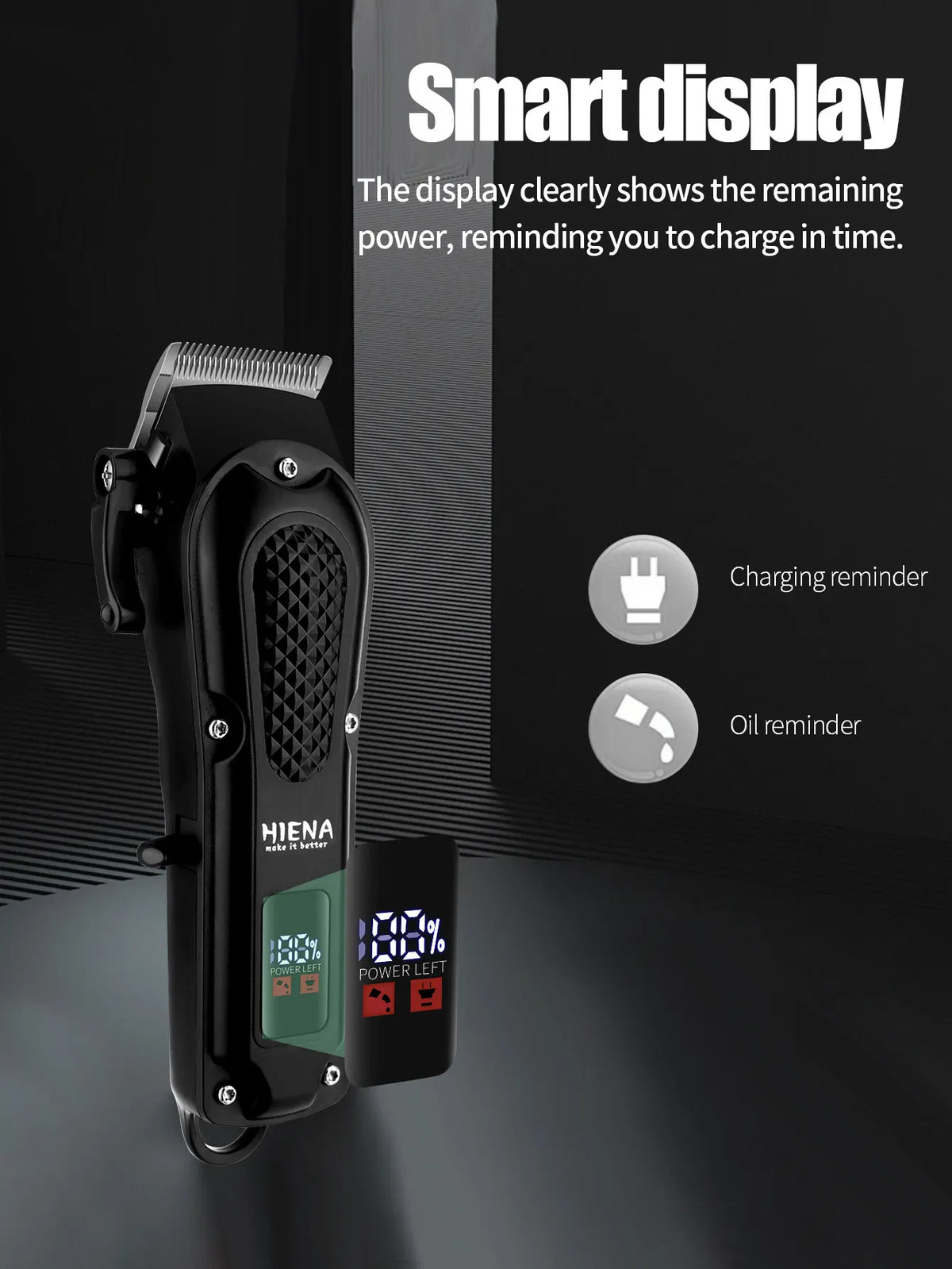 A black cordless hair trimmer with a digital display showing remaining power and oil reminders.
