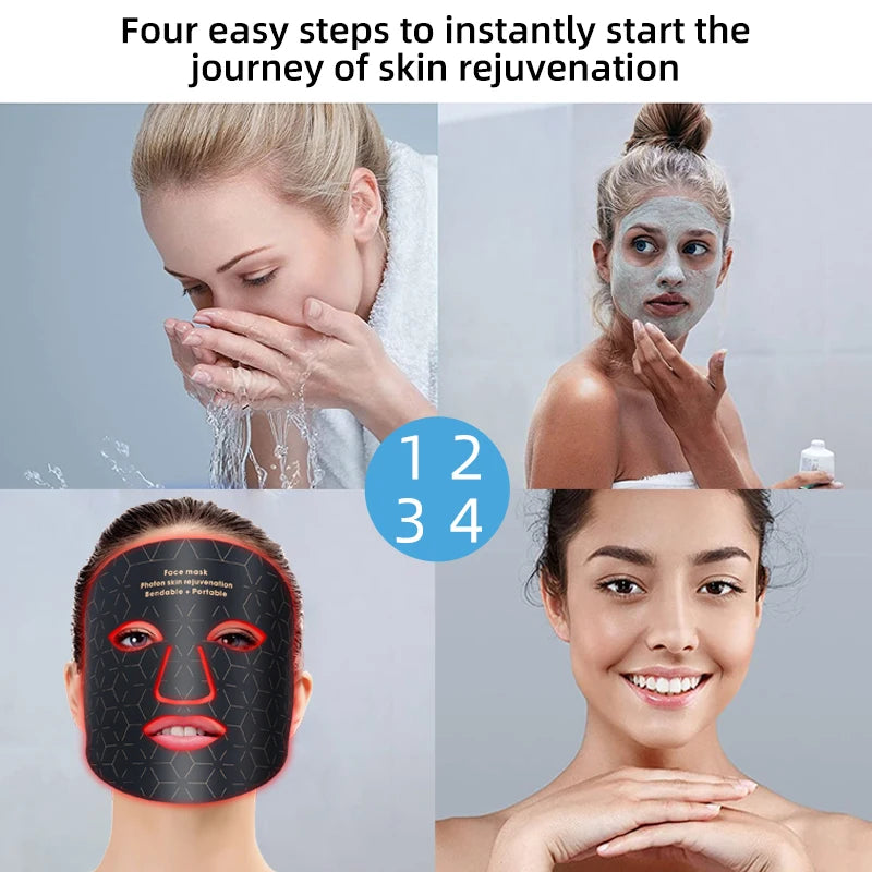 A woman applying a multi-wavelength LED face therapy mask to her face for skin rejuvenation.