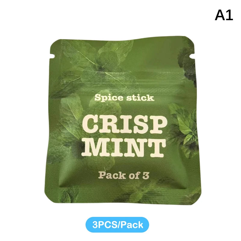 Un paquet de trois bâtons d'épice Crisp Mint dans un emballage vert.