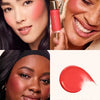 Close-up of a woman applying liquid bronzer contour foundation stick to her cheek and eye area.