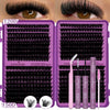 A purple cosmetic kit for DIY eyelash cluster lashes shown alongside close-ups of natural eyelashes.