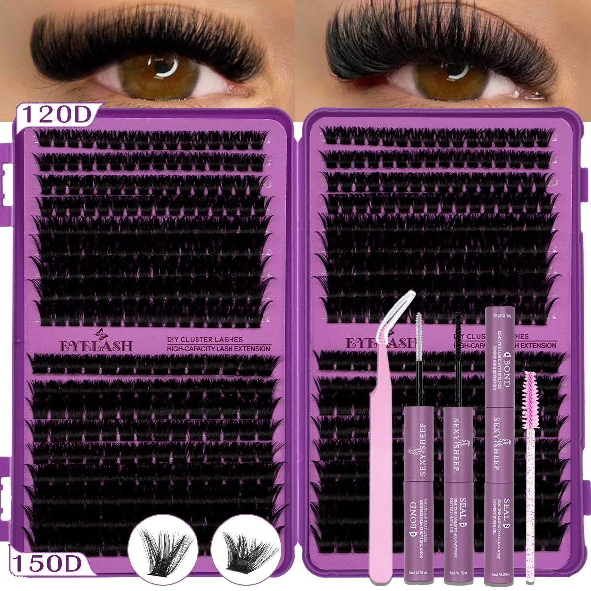 A purple cosmetic kit for DIY eyelash cluster lashes shown alongside close-ups of natural eyelashes.