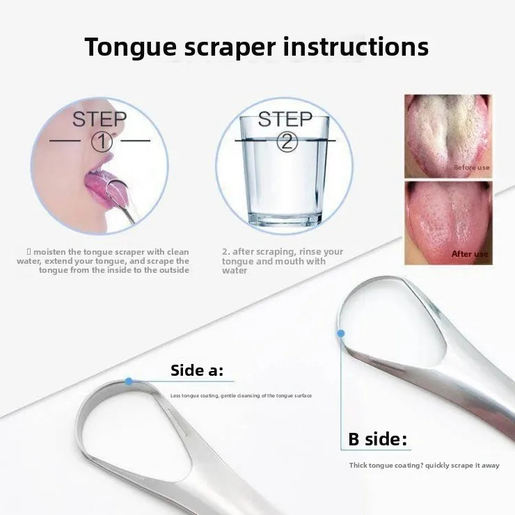 Instructions for using a stainless steel tongue scraper, showing steps and product sides.