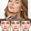 A woman is using a dual lymphatic contour face brush on her cheek to relax and improve skin, shown alongside results at 4, 8,