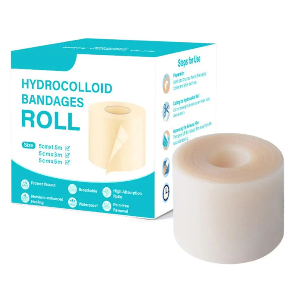 Box and roll of Hydrocolloid bandages for wound care with usage instructions