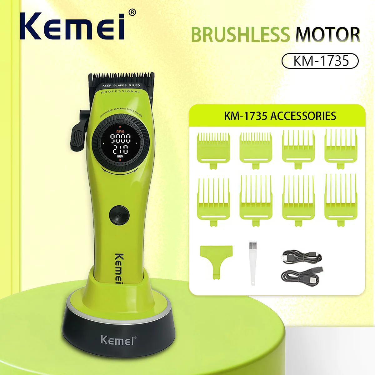 A lime green Kemei brushless motor hair clipper with various accessories displayed on a light yellow background.