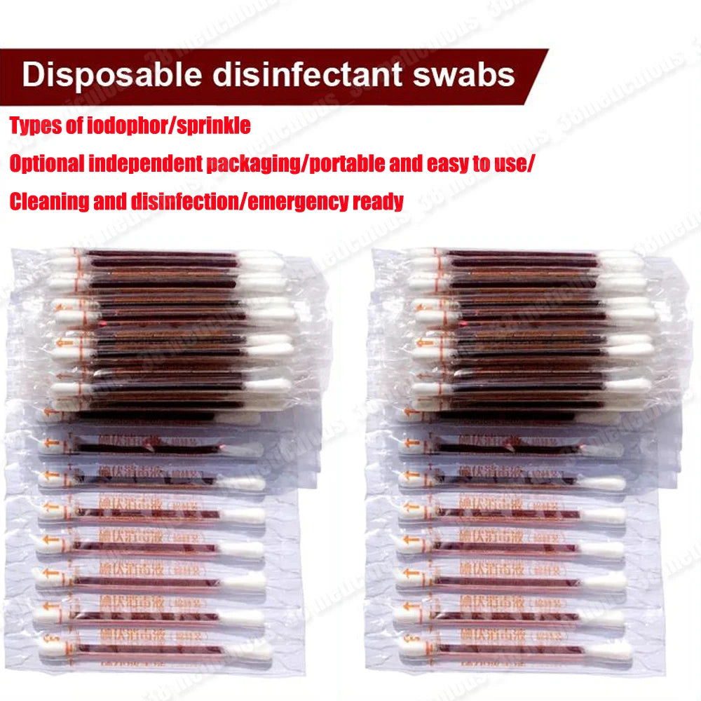 Pack of disposable disinfectant swabs with iodine solution in individual packaging
