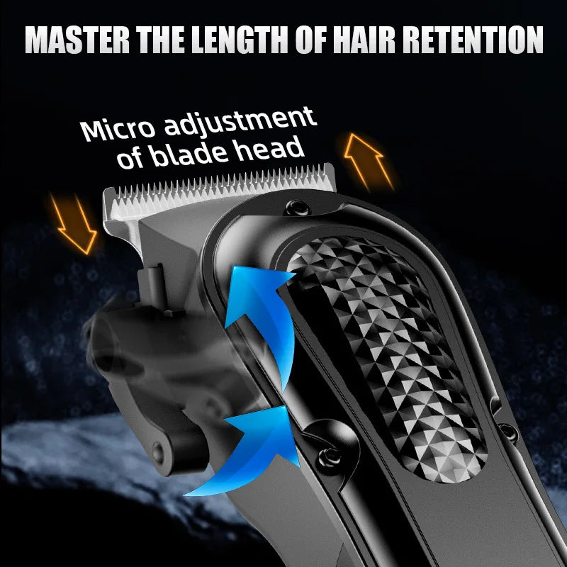 Close-up of a hair clipper showing micro adjustment of the blade head for precise hair retention.