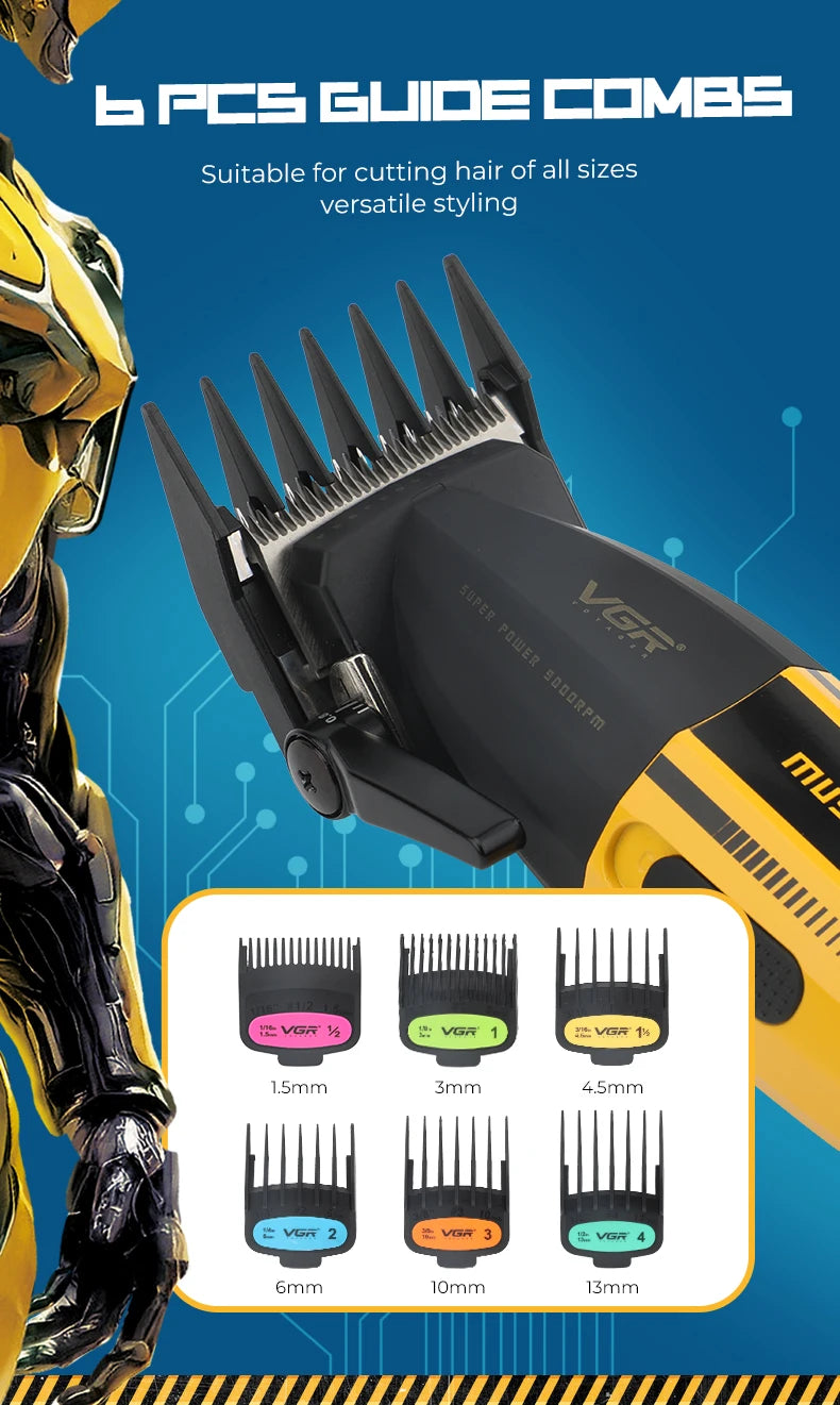 A yellow electric hair clipper with various size cutting combs shown next to a stylized figure.