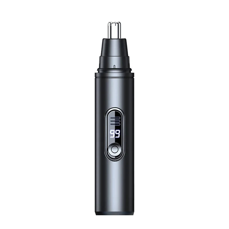 A black mini nose hair trimmer with a metal guard and an on/off switch.