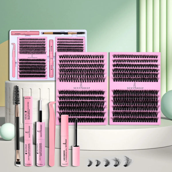 A collection of pink and black lash clusters and applicator tools for DIY lash extensions.