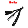 A black folding straight razor with a handle and blade visible.