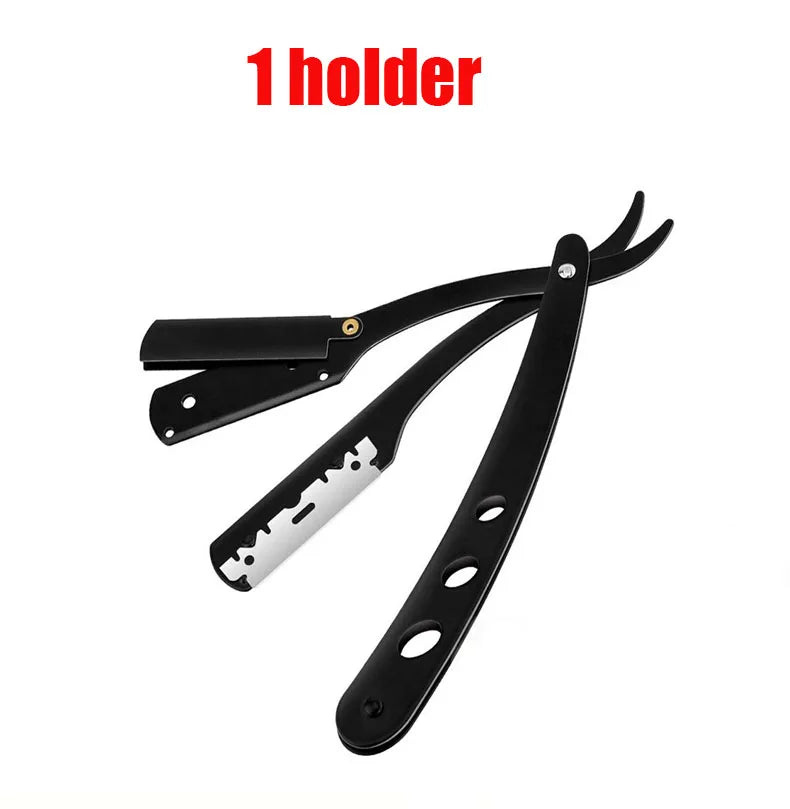 A black folding straight razor with a handle and blade visible.