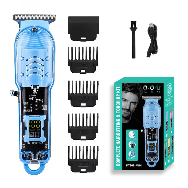A set of professional rechargeable hair trimmer clippers and accessories displayed in a box.