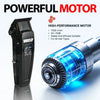 A black electric hair clipper motor and blade assembly with blue light visible.
