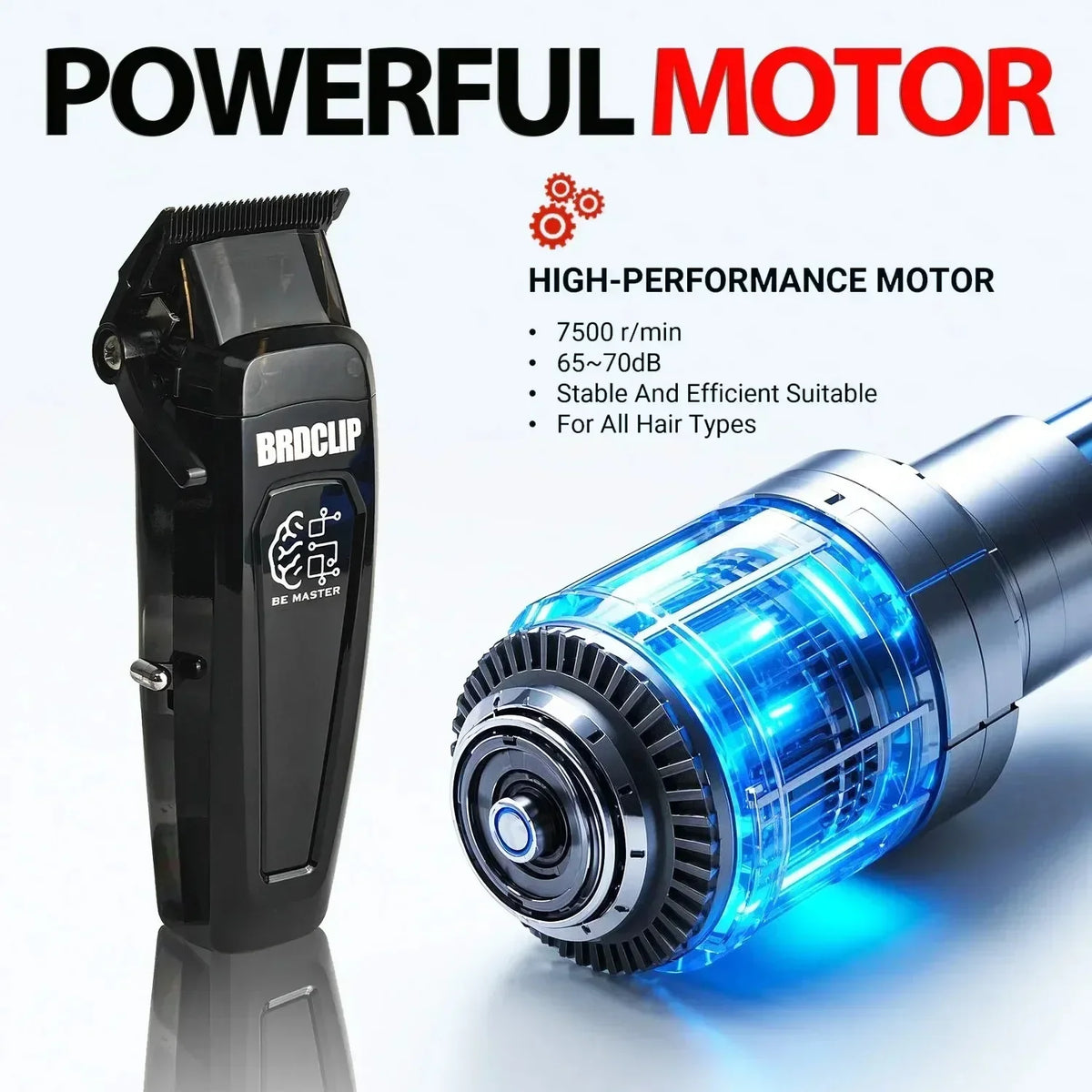 A black electric hair clipper motor and blade assembly with blue light visible.