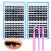 A set of clusters lashes in various styles and lengths displayed in clear packaging with an eye closeup.