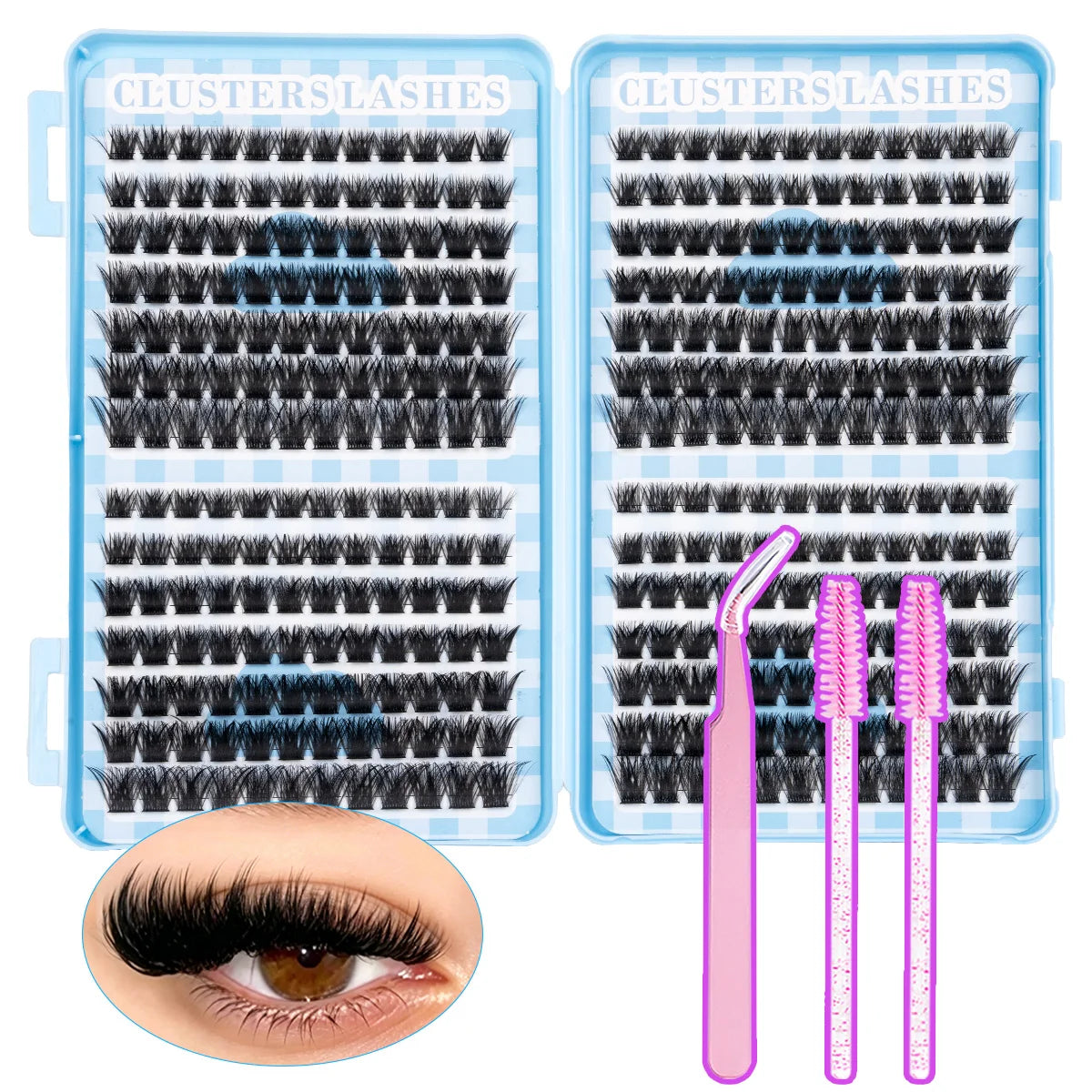 A set of clusters lashes in various styles and lengths displayed in clear packaging with an eye closeup.