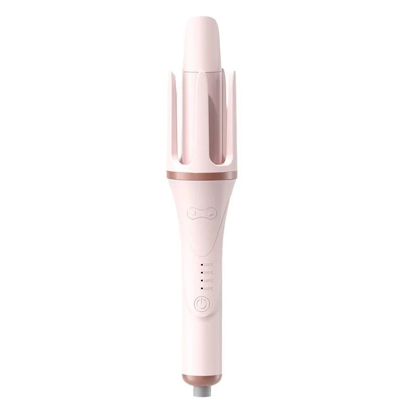 A pink professional automatic hair curling iron with a rounded barrel and a switch.