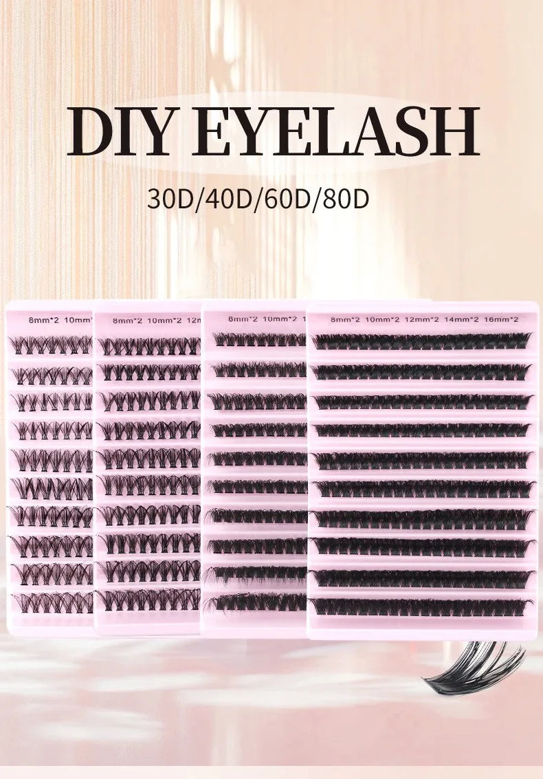 A collection of DIY eyelash strips in various lengths and thicknesses displayed on a pink plastic tray.