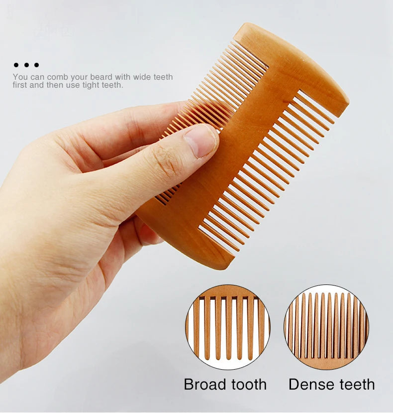 A hand holds a wooden beard comb, demonstrating the difference between broad teeth and dense teeth.