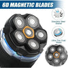 Close-up view of a black shaver head featuring six stainless steel magnetic blades.