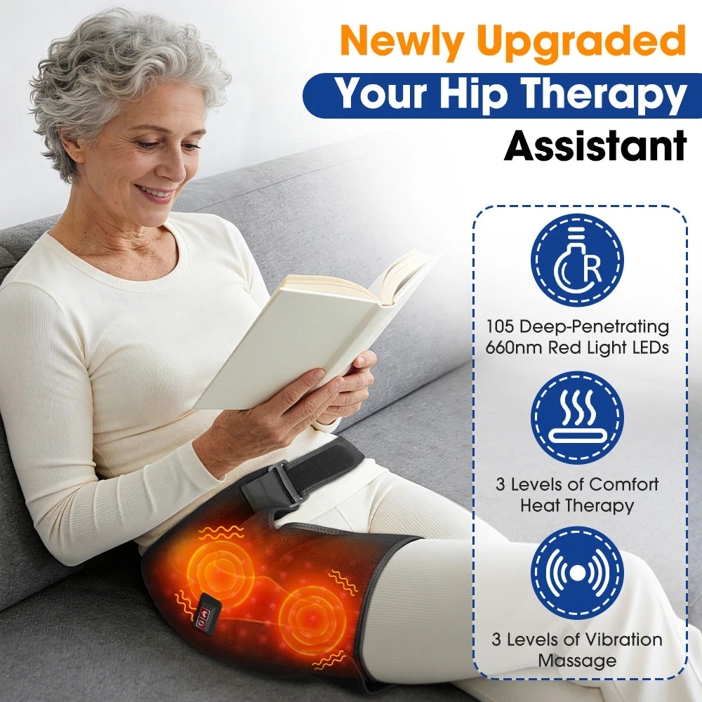 A woman is using a newly upgraded hip therapy assistant belt for heat and vibration massage.