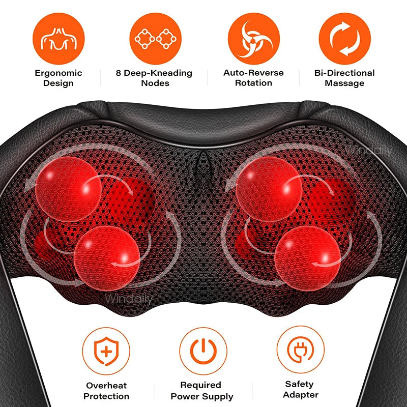 Schwarzer Deep Tissue Shiatsu-Massager für Nacken und Schultern mit ergonomischem Design, Kneten von Knoten und Auto-Umkehrro