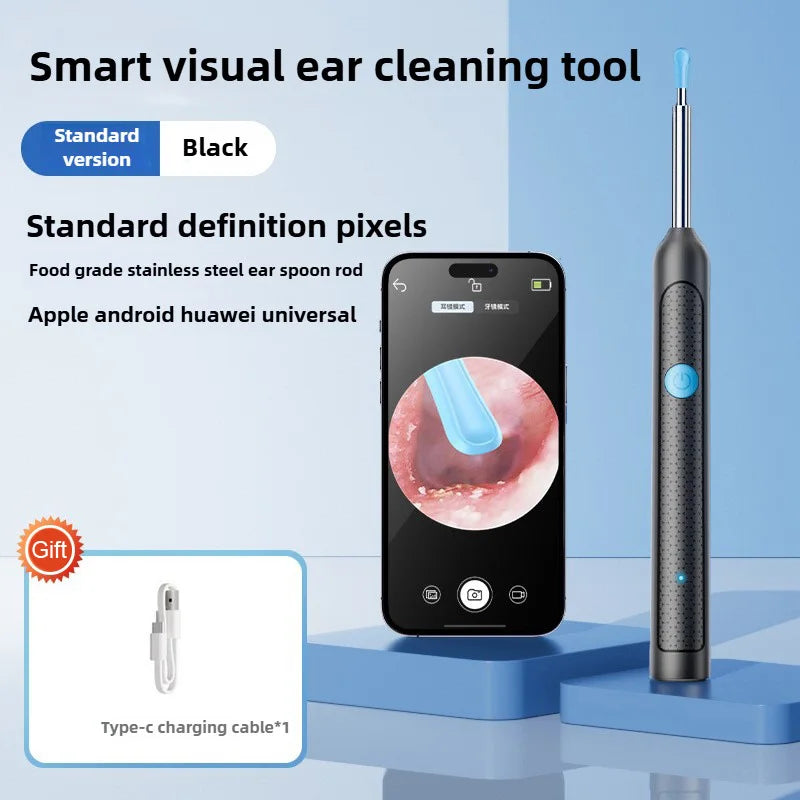 A black smart visual ear cleaning tool is shown next to a smartphone and a Type-C charging cable.
