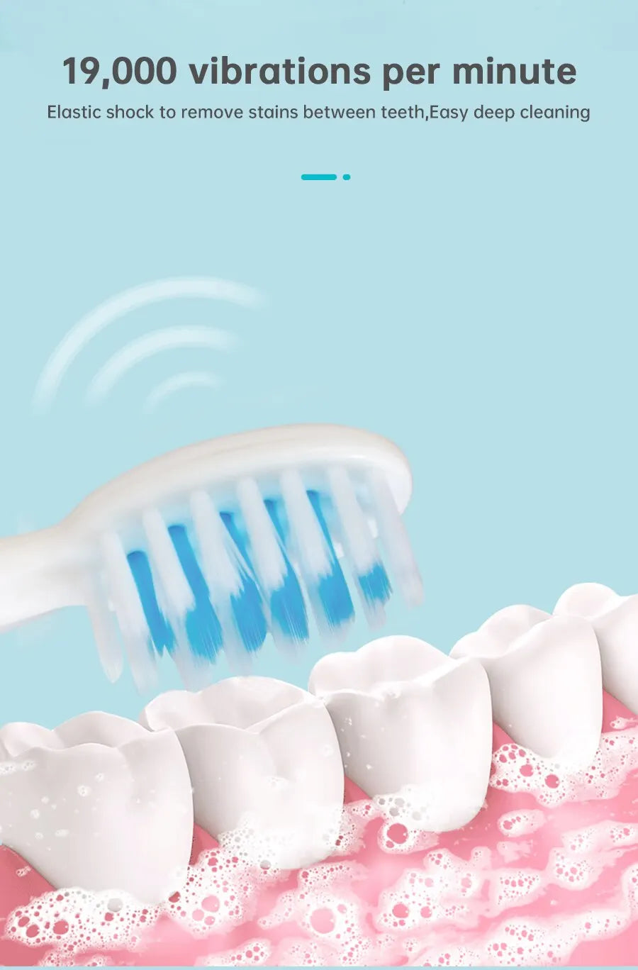 A white electric toothbrush with blue bristles is shown cleaning teeth on pink gums.