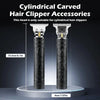 Two cylindrical carved accessories for hair clippers displayed on a stand.