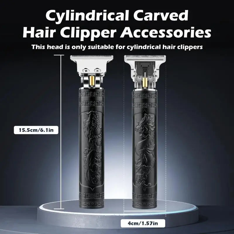 Two cylindrical carved accessories for hair clippers displayed on a stand.