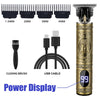 A professional wireless beard shaver trimmer with multiple guard sizes and a power display is shown.