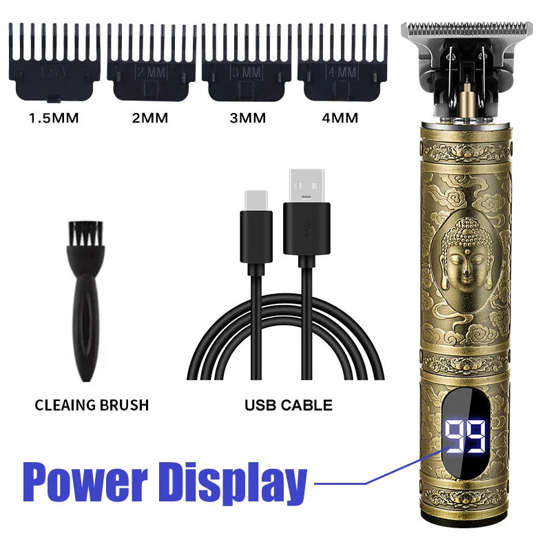 A professional wireless beard shaver trimmer with multiple guard sizes and a power display is shown.